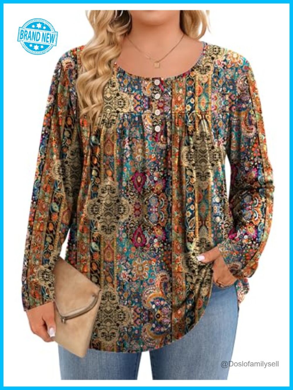 Plus Size Long Sleeve Tunic Top Button Floral Pleated Blouse